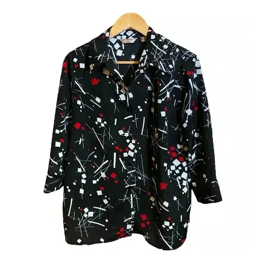 White Stag Women's Black Abstract Geometric Print Button Down Top Blouse 1X 16W